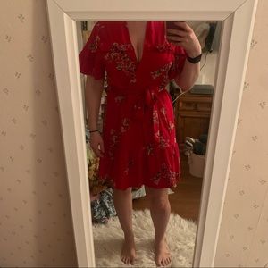 Red floral wrap dress